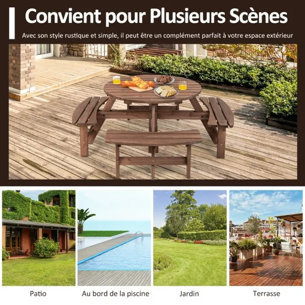 Ensemble de Table et 4 Bancs de Jardin 8 Personnes en Sapin Verni Table de Pique-Nique avec Trou de Parasol