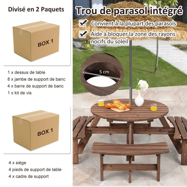 Ensemble de Table et 4 Bancs de Jardin 8 Personnes en Sapin Verni Table de Pique-Nique avec Trou de Parasol