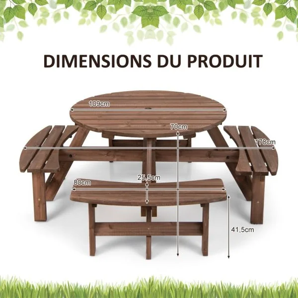 Ensemble de Table et 4 Bancs de Jardin 8 Personnes en Sapin Verni Table de Pique-Nique avec Trou de Parasol
