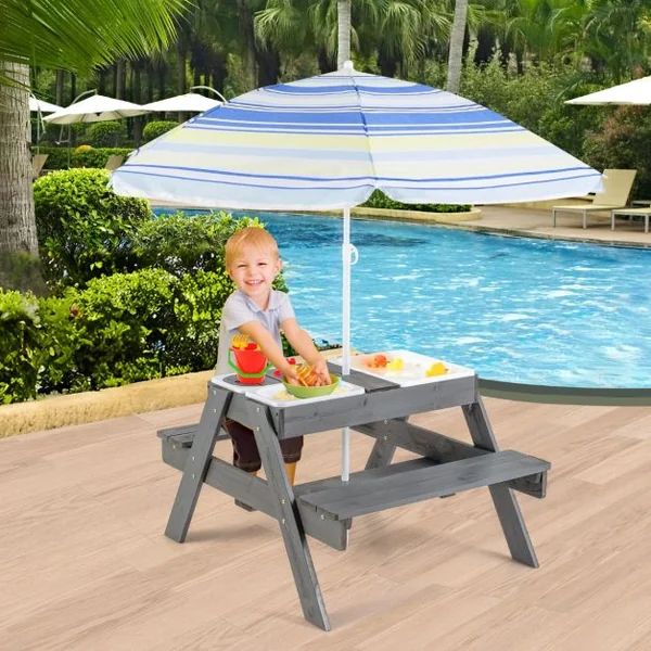 Ensemble de Table et Bancs de Pique-nique pour Enfants Table d'Activités 4 en 1 pour Sable et Eau avec 3 Bacs Couvercles Amovibles Gris