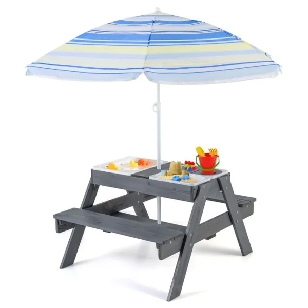Ensemble de Table et Bancs de Pique-nique pour Enfants Table d'Activités 4 en 1 pour Sable et Eau avec 3 Bacs Couvercles Amovibles Gris