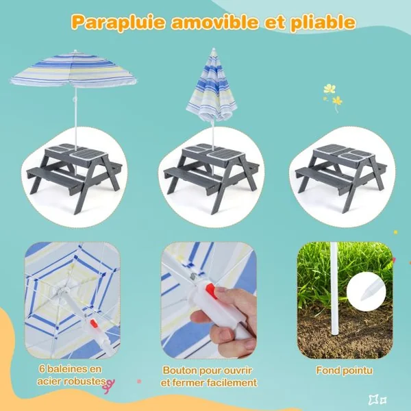 Ensemble de Table et Bancs de Pique-nique pour Enfants Table d'Activités 4 en 1 pour Sable et Eau avec 3 Bacs Couvercles Amovibles Gris