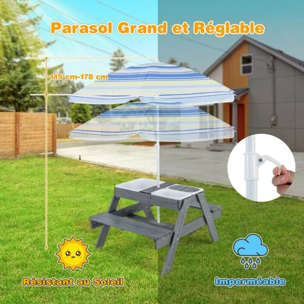 Ensemble de Table et Bancs de Pique-nique pour Enfants Table d'Activités 4 en 1 pour Sable et Eau avec 3 Bacs Couvercles Amovibles Gris