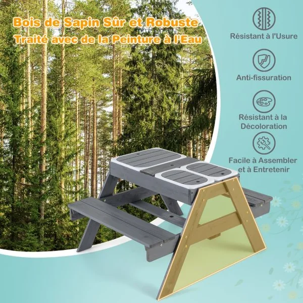 Ensemble de Table et Bancs de Pique-nique pour Enfants Table d'Activités 4 en 1 pour Sable et Eau avec 3 Bacs Couvercles Amovibles Gris