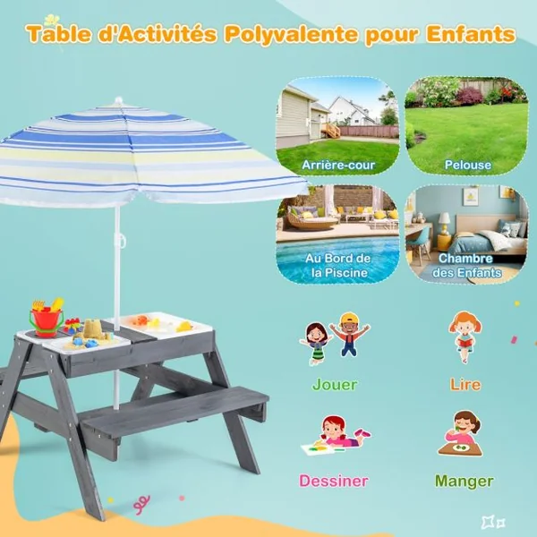 Ensemble de Table et Bancs de Pique-nique pour Enfants Table d'Activités 4 en 1 pour Sable et Eau avec 3 Bacs Couvercles Amovibles Gris