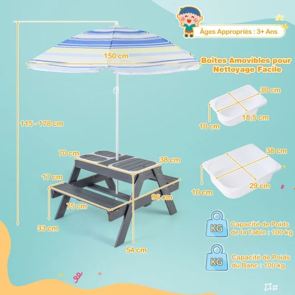 Ensemble de Table et Bancs de Pique-nique pour Enfants Table d'Activités 4 en 1 pour Sable et Eau avec 3 Bacs Couvercles Amovibles Gris