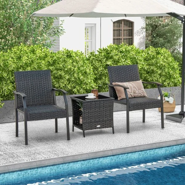 Ensemble de Table et Chaises de Patio en Osier 3 Pièces Siège Rembourré Plateau en Verre Trempé Cadre en Métal Renforcé Mobilier en Rotin Tissé