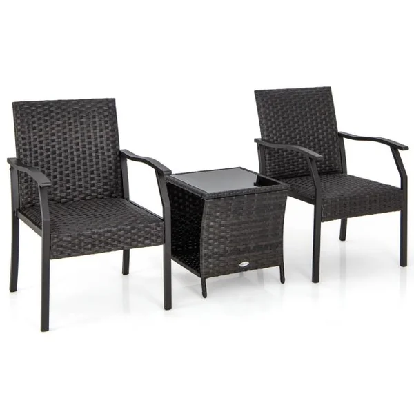 Ensemble de Table et Chaises de Patio en Osier 3 Pièces Siège Rembourré Plateau en Verre Trempé Cadre en Métal Renforcé Mobilier en Rotin Tissé