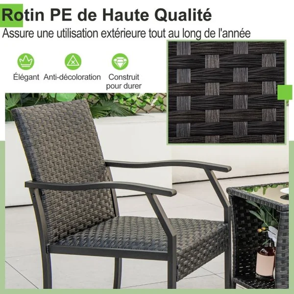 Ensemble de Table et Chaises de Patio en Osier 3 Pièces Siège Rembourré Plateau en Verre Trempé Cadre en Métal Renforcé Mobilier en Rotin Tissé