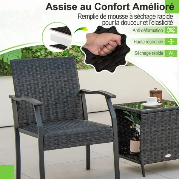 Ensemble de Table et Chaises de Patio en Osier 3 Pièces Siège Rembourré Plateau en Verre Trempé Cadre en Métal Renforcé Mobilier en Rotin Tissé