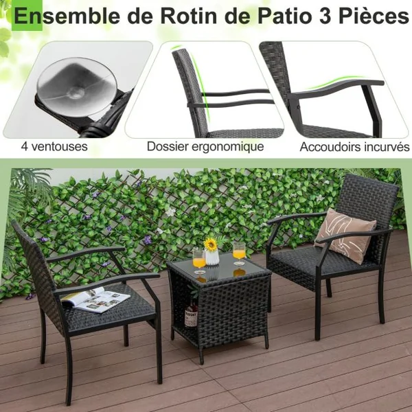 Ensemble de Table et Chaises de Patio en Osier 3 Pièces Siège Rembourré Plateau en Verre Trempé Cadre en Métal Renforcé Mobilier en Rotin Tissé