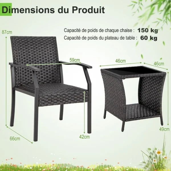 Ensemble de Table et Chaises de Patio en Osier 3 Pièces Siège Rembourré Plateau en Verre Trempé Cadre en Métal Renforcé Mobilier en Rotin Tissé