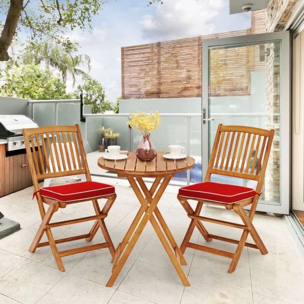 Ensemble de Table et Chaises Pliable avec 2 Chaises et 1 Table Ronde en Bois d’Acacia pour Intérieur et Extérieur Naturel+Beige/Bleu/Rouge