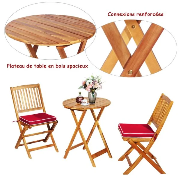 Ensemble de Table et Chaises Pliable avec 2 Chaises et 1 Table Ronde en Bois d’Acacia pour Intérieur et Extérieur Naturel+Beige/Bleu/Rouge