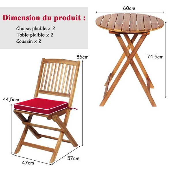 Ensemble de Table et Chaises Pliable avec 2 Chaises et 1 Table Ronde en Bois d’Acacia pour Intérieur et Extérieur Naturel+Beige/Bleu/Rouge