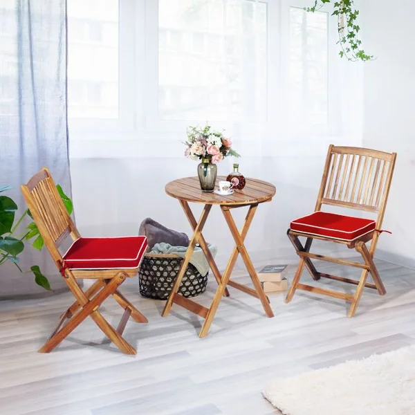 Ensemble de Table et Chaises Pliable avec 2 Chaises et 1 Table Ronde en Bois d’Acacia pour Intérieur et Extérieur Naturel+Beige/Bleu/Rouge