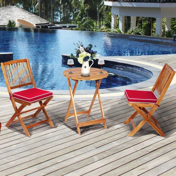 Ensemble de Table et Chaises Pliable avec 2 Chaises et 1 Table Ronde en Bois d’Acacia pour Intérieur et Extérieur Naturel+Beige/Bleu/Rouge