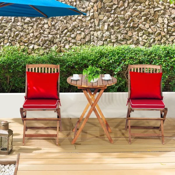 Ensemble de Table et Chaises Pliable avec 2 Chaises et 1 Table Ronde en Bois d’Acacia pour Intérieur et Extérieur Naturel+Beige/Bleu/Rouge