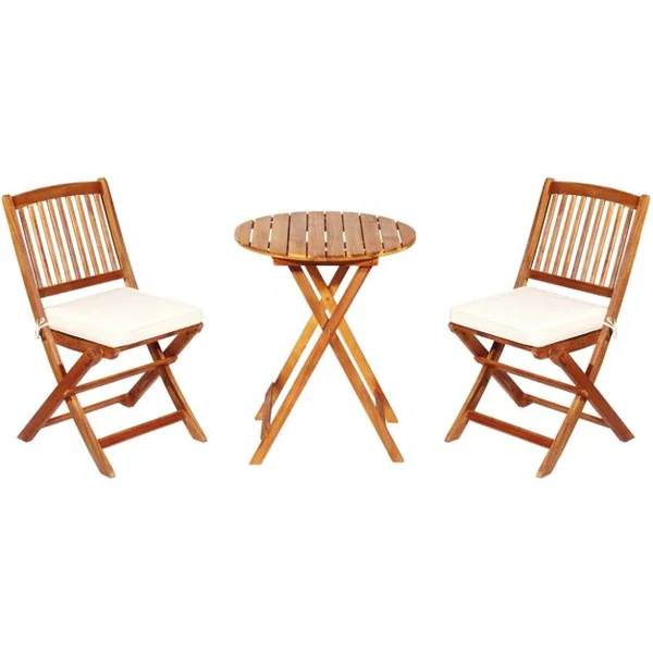 Ensemble de Table et Chaises Pliable avec 2 Chaises et 1 Table Ronde en Bois d’Acacia pour Intérieur et Extérieur Naturel+Beige/Bleu/Rouge