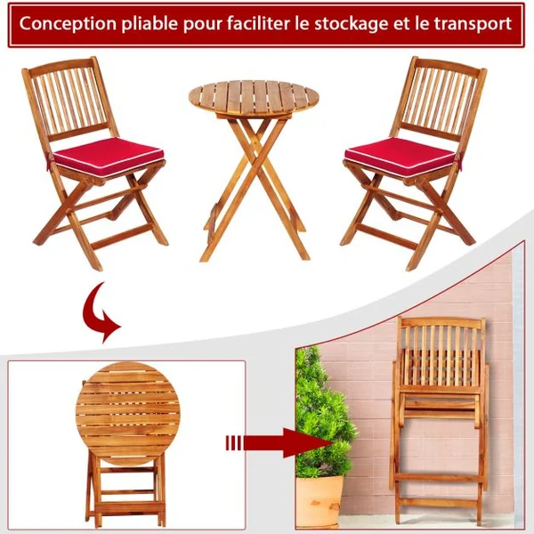 Ensemble de Table et Chaises Pliable avec 2 Chaises et 1 Table Ronde en Bois d’Acacia pour Intérieur et Extérieur Naturel+Beige/Bleu/Rouge