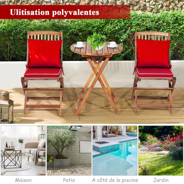 Ensemble de Table et Chaises Pliable avec 2 Chaises et 1 Table Ronde en Bois d’Acacia pour Intérieur et Extérieur Naturel+Beige/Bleu/Rouge