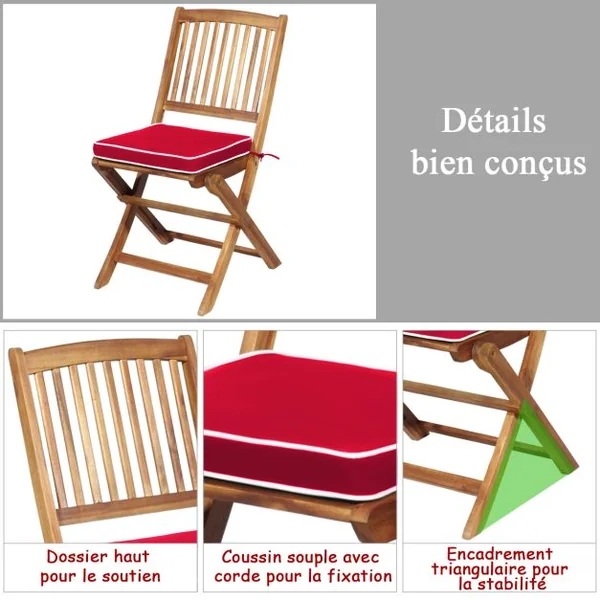 Ensemble de Table et Chaises Pliable avec 2 Chaises et 1 Table Ronde en Bois d’Acacia pour Intérieur et Extérieur Naturel+Beige/Bleu/Rouge