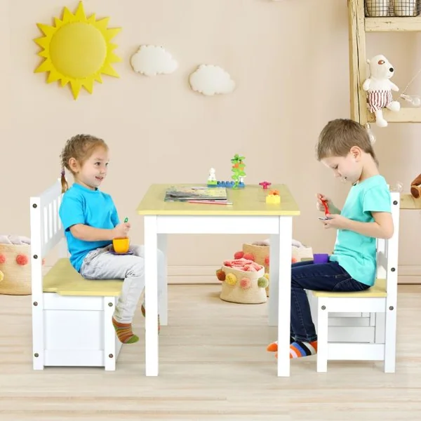 Ensemble de Table et Chaises pour Enfant avec Table 2 Chaises et Banc de Rangement 2 en 1 pour Étudier et Manger Naturel/Gris