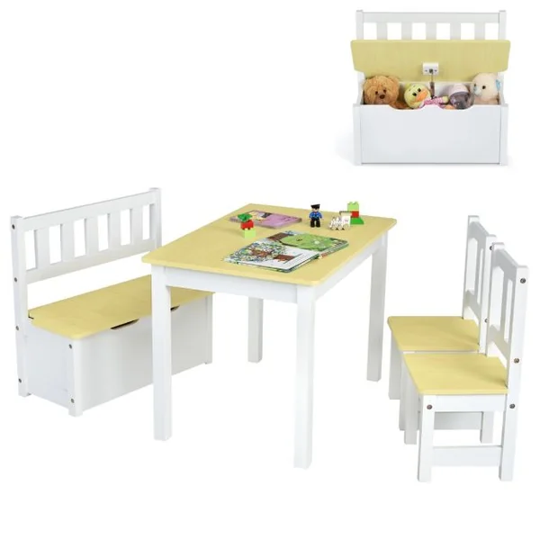 Ensemble de Table et Chaises pour Enfant avec Table 2 Chaises et Banc de Rangement 2 en 1 pour Étudier et Manger Naturel/Gris