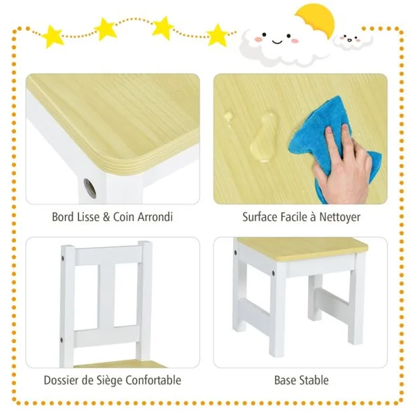 Ensemble de Table et Chaises pour Enfant avec Table 2 Chaises et Banc de Rangement 2 en 1 pour Étudier et Manger Naturel/Gris