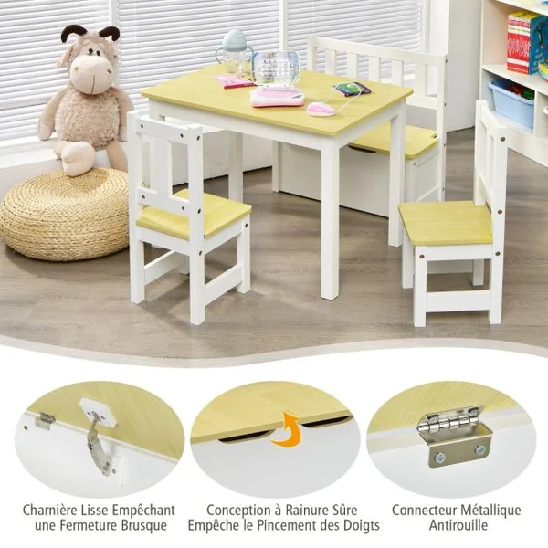 Ensemble de Table et Chaises pour Enfant avec Table 2 Chaises et Banc de Rangement 2 en 1 pour Étudier et Manger Naturel/Gris