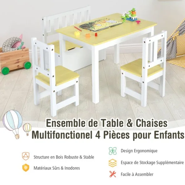Ensemble de Table et Chaises pour Enfant avec Table 2 Chaises et Banc de Rangement 2 en 1 pour Étudier et Manger Naturel/Gris