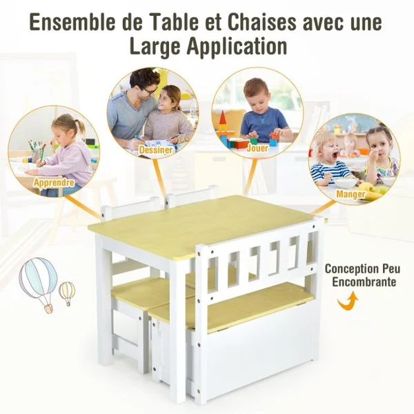 Ensemble de Table et Chaises pour Enfant avec Table 2 Chaises et Banc de Rangement 2 en 1 pour Étudier et Manger Naturel/Gris