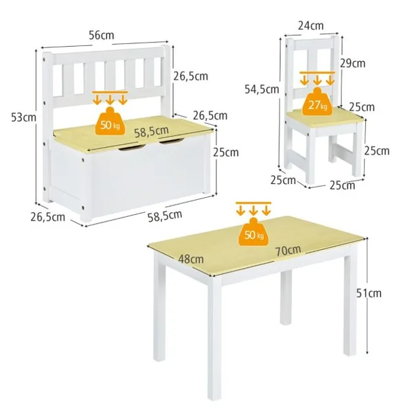 Ensemble de Table et Chaises pour Enfant avec Table 2 Chaises et Banc de Rangement 2 en 1 pour Étudier et Manger Naturel/Gris