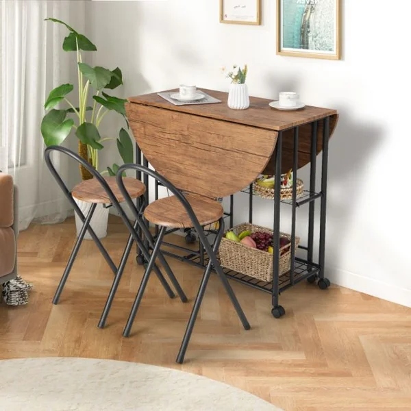 Ensemble de Table et de Chaises Pliantes 3 Pièces Table Polyvalente avec 2 Étagères de Rangement et 4 Paniers Coulissants Brun