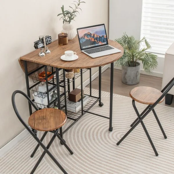 Ensemble de Table et de Chaises Pliantes 3 Pièces Table Polyvalente avec 2 Étagères de Rangement et 4 Paniers Coulissants Brun