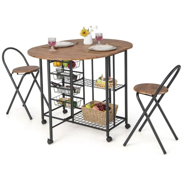 Ensemble de Table et de Chaises Pliantes 3 Pièces Table Polyvalente avec 2 Étagères de Rangement et 4 Paniers Coulissants Brun