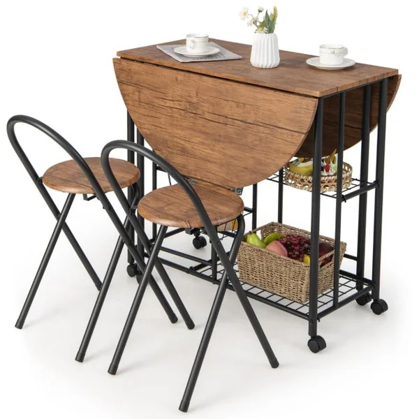 Ensemble de Table et de Chaises Pliantes 3 Pièces Table Polyvalente avec 2 Étagères de Rangement et 4 Paniers Coulissants Brun