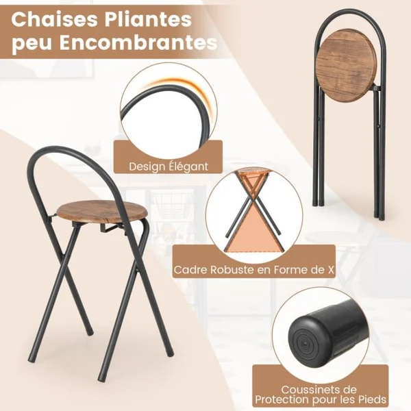 Ensemble de Table et de Chaises Pliantes 3 Pièces Table Polyvalente avec 2 Étagères de Rangement et 4 Paniers Coulissants Brun