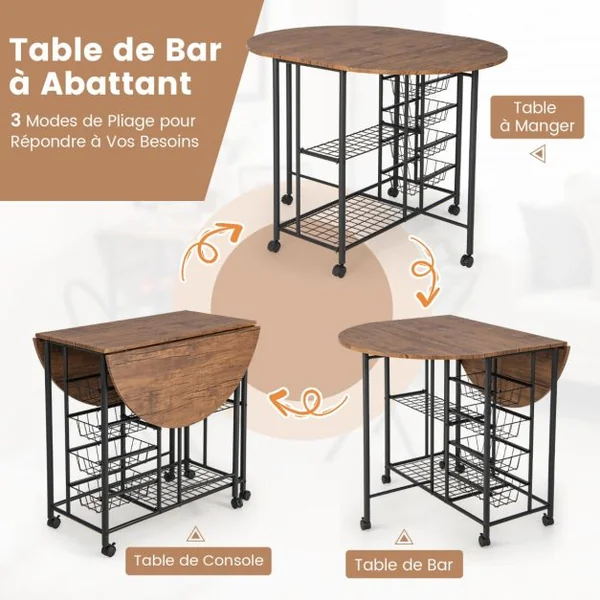 Ensemble de Table et de Chaises Pliantes 3 Pièces Table Polyvalente avec 2 Étagères de Rangement et 4 Paniers Coulissants Brun