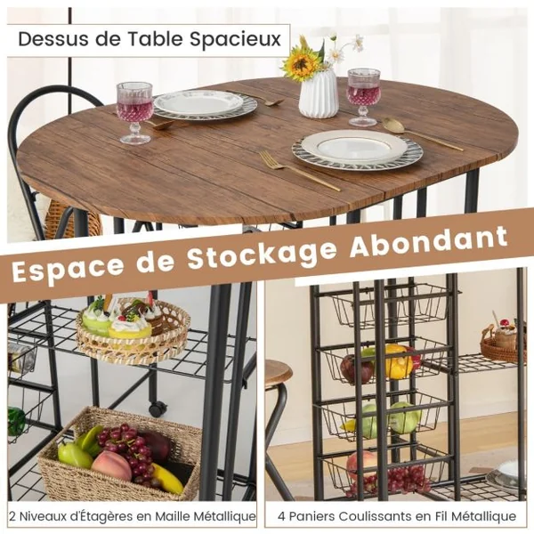 Ensemble de Table et de Chaises Pliantes 3 Pièces Table Polyvalente avec 2 Étagères de Rangement et 4 Paniers Coulissants Brun