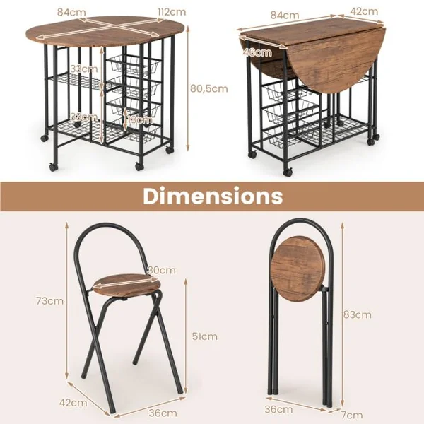 Ensemble de Table et de Chaises Pliantes 3 Pièces Table Polyvalente avec 2 Étagères de Rangement et 4 Paniers Coulissants Brun