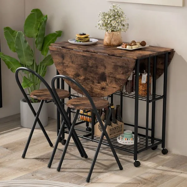 Ensemble de Table et de Chaises Pliantes 3 Pièces Table Polyvalente avec 2 Étagères de Rangement et 4 Paniers Coulissants Marron