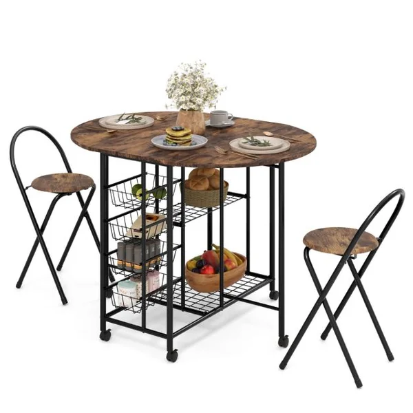 Ensemble de Table et de Chaises Pliantes 3 Pièces Table Polyvalente avec 2 Étagères de Rangement et 4 Paniers Coulissants Marron