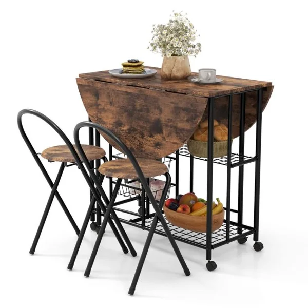 Ensemble de Table et de Chaises Pliantes 3 Pièces Table Polyvalente avec 2 Étagères de Rangement et 4 Paniers Coulissants Marron