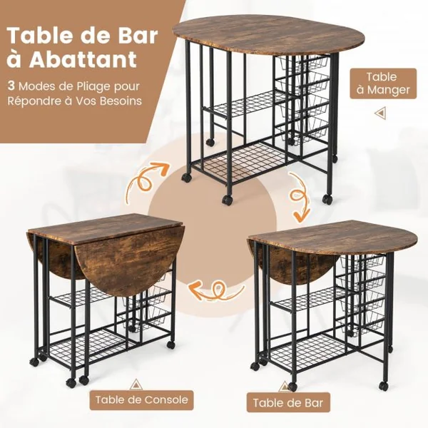 Ensemble de Table et de Chaises Pliantes 3 Pièces Table Polyvalente avec 2 Étagères de Rangement et 4 Paniers Coulissants Marron