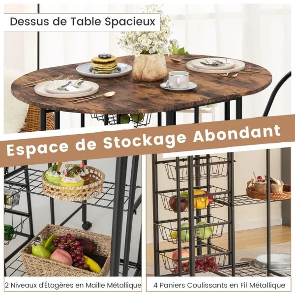 Ensemble de Table et de Chaises Pliantes 3 Pièces Table Polyvalente avec 2 Étagères de Rangement et 4 Paniers Coulissants Marron