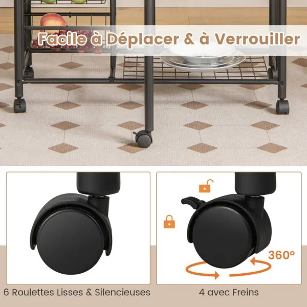 Ensemble de Table et de Chaises Pliantes 3 Pièces Table Polyvalente avec 2 Étagères de Rangement et 4 Paniers Coulissants Marron