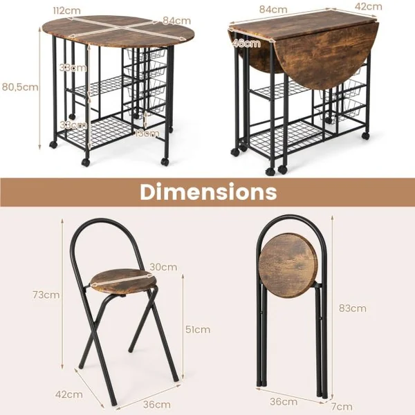 Ensemble de Table et de Chaises Pliantes 3 Pièces Table Polyvalente avec 2 Étagères de Rangement et 4 Paniers Coulissants Marron