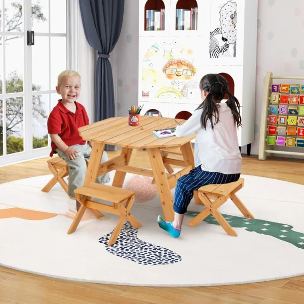 Ensemble de Table et Tabourets pour Enfants de 3 Ans et Plus Table de Pique-nique en Bois Parasol Pliable et Hauteur Réglable Naturel