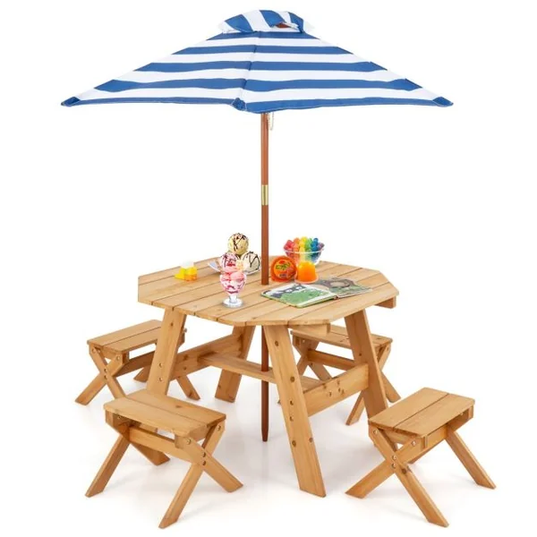 Ensemble de Table et Tabourets pour Enfants de 3 Ans et Plus Table de Pique-nique en Bois Parasol Pliable et Hauteur Réglable Naturel